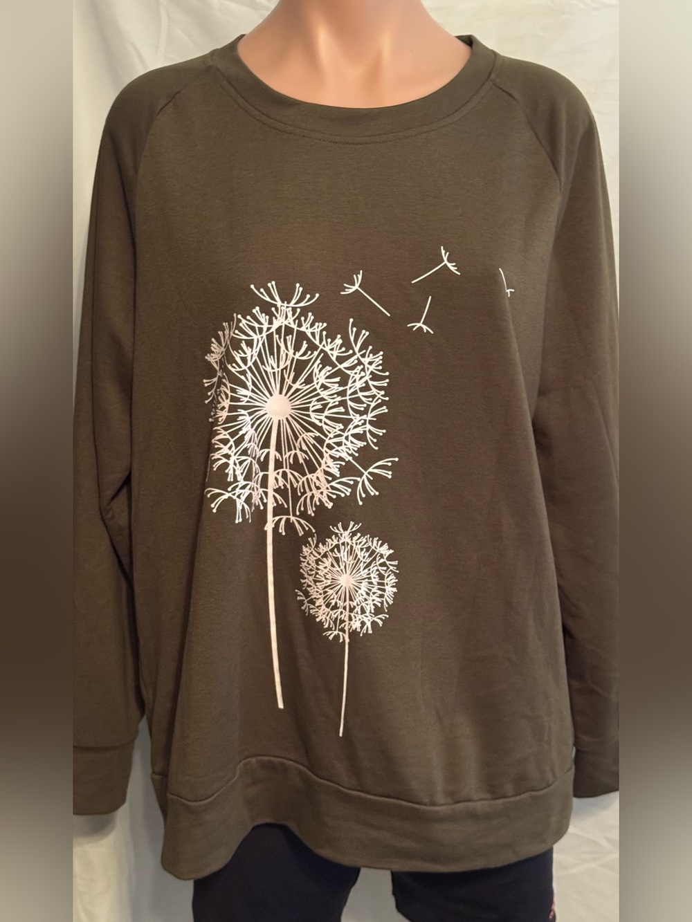 Olive Green Sweatshirt with White Dandelion Print